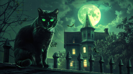 Black cat on fence in front of spooky mansion with full moon and bats during night