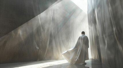 Contemplation in a Mystical Landscape. A solitary figure stands on a rugged, surreal terrain under a dramatic, cloud-filled sky.