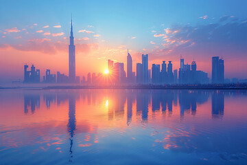 Fototapeta premium A stunning modern city skyline with skyscrapers reflecting in the calm water, captured at sunrise, with vibrant pink and blue hues