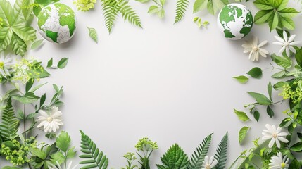Fototapeta premium Eco-Friendly Nature Frame with Green Leaves and Earth Globes on White Background for Environmental Concepts
