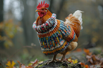 A vivid rooster, clad in a colorful knitted sweater, stands proudly among flowers. Its natural plumage blends whimsically with its unexpected and human-like attire