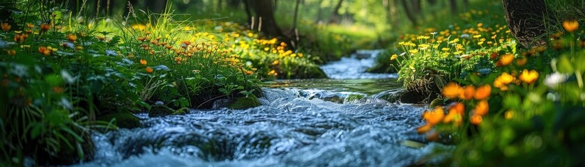 Obraz premium Serene Forest Stream with Vibrant Wildflowers and Lush Greenery in Sunlit Woodland