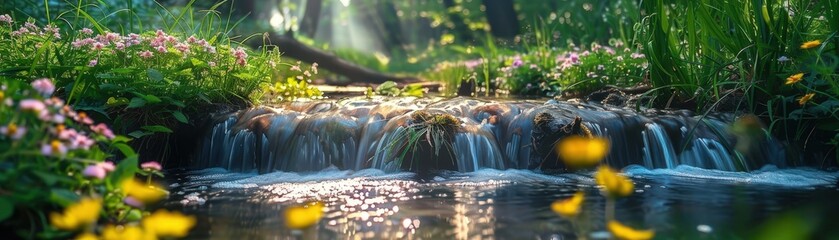 Fototapeta premium Serene Forest Stream with Sunlight Filtering Through Trees and Blooming Wildflowers