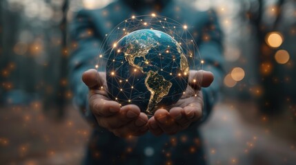 Fototapeta premium Hands Holding a Digital Globe with Network Connections Representing Global Communication and Technology