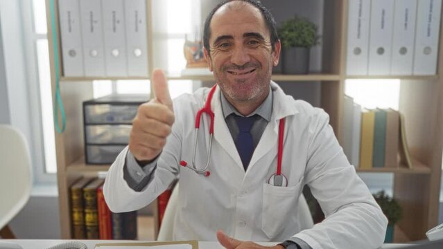 Bald hispanic male doctor in a clinic, wearing a white coat and stethoscope, seated indoors in a workplace setting with a bookshelf behind, smiling and giving a thumbs up.