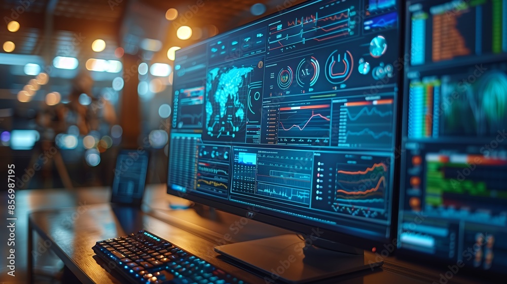 Poster modern desktop displaying data analytics charts and graphs