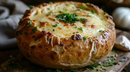 comfort food, enjoy a comforting cheese soup in a bread bowl, perfect for chilly weather and a truly satisfying meal