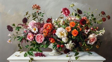 Vivid bouquet on white table viewed from side close up