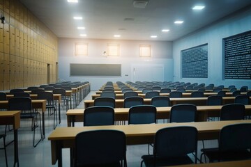 Interior of illuminated lecture hall. Empty chairs are arranged in classroom. Auditorium is in university