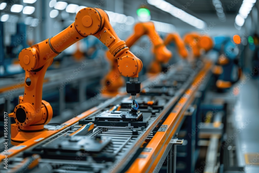 Aufkleber Advanced yellow robotic arm performing tasks on an assembly line in a modern industrial setting