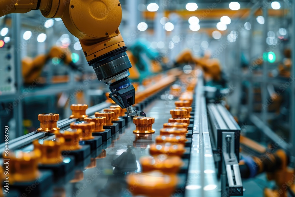 Aufkleber Advanced yellow robotic arm performing tasks on an assembly line in a modern industrial setting