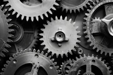 Retro black and white background of industrial cogs or gears with movement