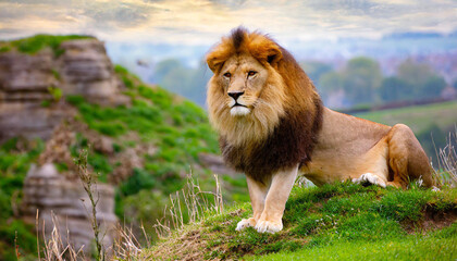 Strong and confident lion on a hill Lioness relaxing on the rock with blue sky in background African Lion Standing on Mossy Rock