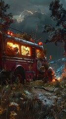 Abandoned Fire Truck Stands Amid Mystical Foliage and Stormy Skies