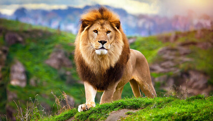 Strong and confident lion on a hill Lioness relaxing on the rock with blue sky in background African Lion Standing on Mossy Rock