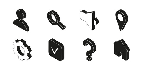 User account Vector icon set. Isometric style symbols for search, home, settings and more. Modern black and white design