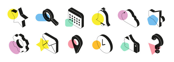 Set of stylish Isometric symbols with bright spots. Vector calendar, email, cloud and more illustrations isolated on white background