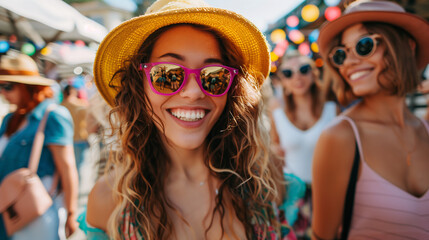 A group of friends shopping together on a sunny day, laughing and trying on sunglasses at a trendy outdoor market