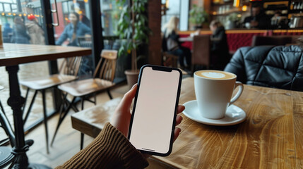 
A person sits at a cozy coffee shop table, holding an iPhone mockup with a white screen while sipping a latte. The background features warm, inviting decor and a bustling café atmosphere - Powered by Adobe