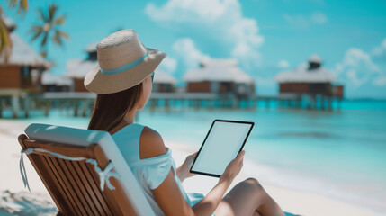 A travel blogger at a scenic beach, looking to iPad with with white screen while sitting on a lounge chair