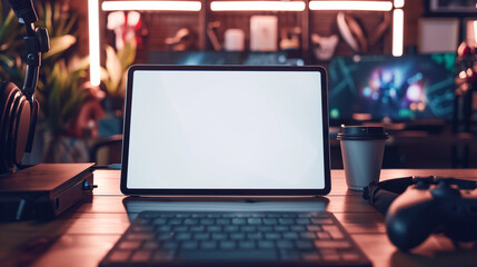 iPad with white screen mockup in a gamer’s setup, with a controller, headset, and gaming paraphernalia