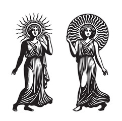 Sun-faced ancient Greek women. Old vintage engraving illustration. Hand drawn outline graphic. Logo, emblem, icon. Isolated object, cut out. black and white	