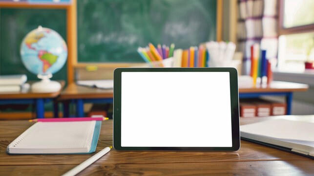 
iPad with white screen mockup lying on a classroom desk, surrounded by notebooks, pencils, and a globe