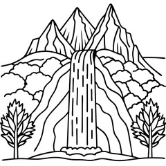 Line art, mountains and waterfall