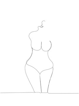 silhouette of a curvy girl, beautiful figure one line art. Continuous line drawing of body positive, overweight, plus size model, XL, health, fashion, self acceptance.