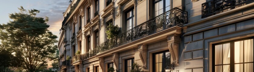 Fototapeta premium Refined Haussmannstyle architecture with tall windows, wrought iron railings, and a limestone exterior, showcasing classic Parisian style