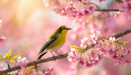 Flock of birds are singing happily on the branches of a tree with spring flower blossoms and sun light , spring season background