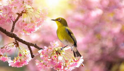 Flock of birds are singing happily on the branches of a tree with spring flower blossoms and sun light , spring season background
