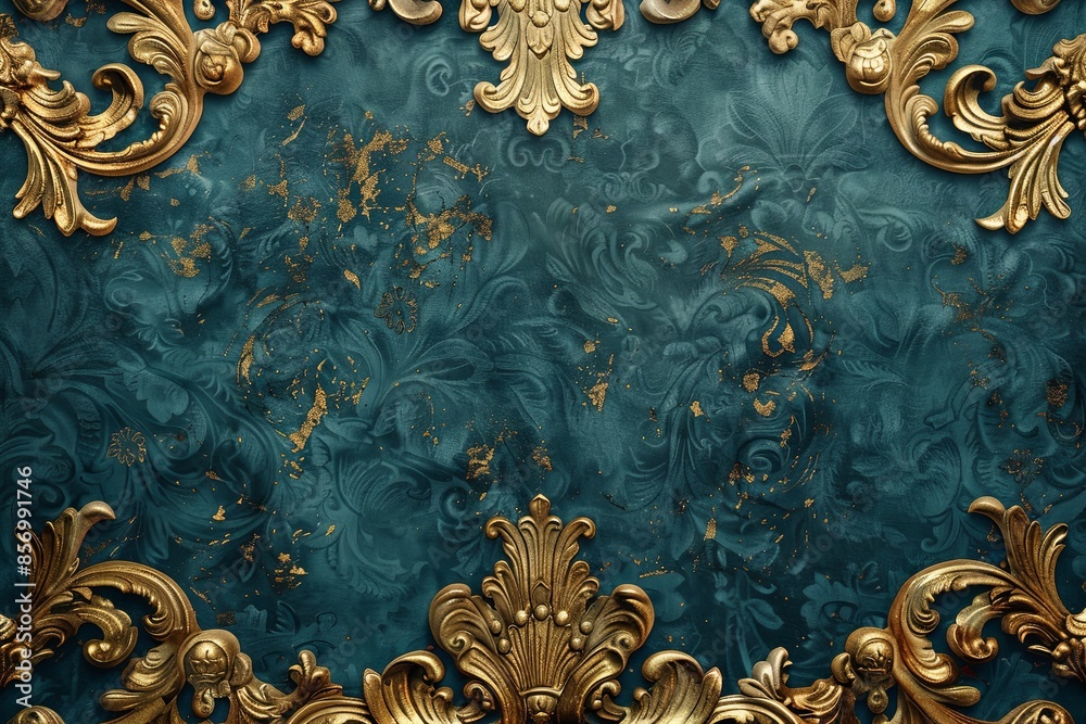 Wall mural Teal Velvet Background: A lavish teal velvet background with gold baroque stucco designs