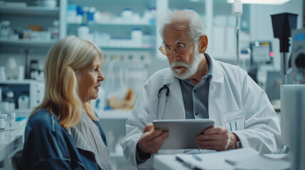 Obraz premium n elderly doctor consults with an older female patient, using a tablet, in a well-equipped medical office or lab.