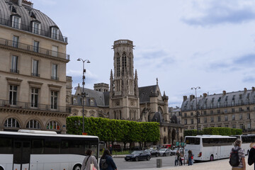 Busy street in Paris, France. Tourist destination. Public transport.