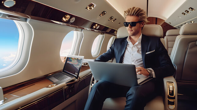 successful handsome man blogger, billionaire or rich businessman flying private jet and working on plane with laptop