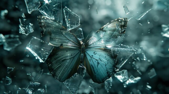 Shattered Reality: Butterfly Amidst Broken Glass in Ethereal Blue Light