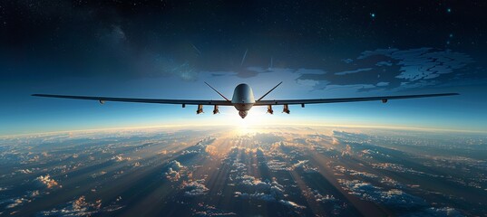 Naklejka premium Drone Flying Over Planet Earth for Global Aerial Surveillance and Security Control