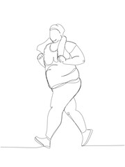 Overweight woman doing sports, running one line art. Continuous line drawing of body positive, overweight, plus size model, XL, health, fashion, self acceptance.