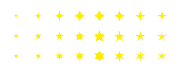 Super set of yellow stars sparkling on white background. Bright firework, decoration twinkle, shiny flash. Glowing light effect stars and bursts collection. Vector graphic design