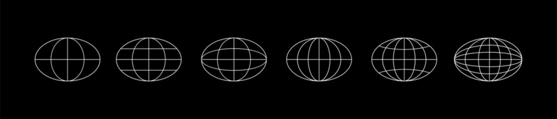 World globe grids in oval form. Linear striped spheres, earth latitude and longitude line grid. Retro futuristic design elements. Vector illustration