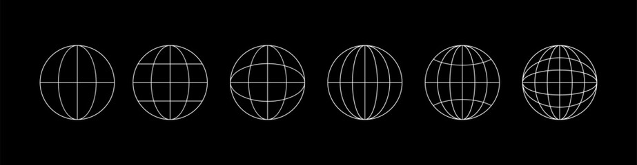World globe grids in circle form. Linear striped spheres, earth latitude and longitude line grid. Retro futuristic design elements. Vector illustration