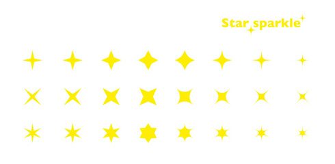 Super set of yellow stars sparkling on white background. Bright firework, decoration twinkle, shiny flash. Glowing light effect stars and bursts collection. Vector graphic design