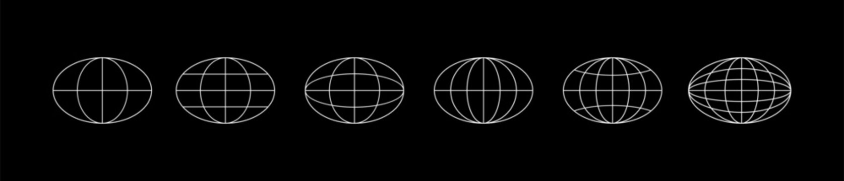 World globe grids in oval form. Linear striped spheres, earth latitude and longitude line grid. Retro futuristic design elements. Vector illustration