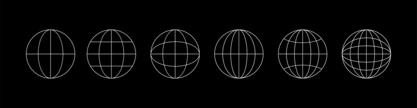 World globe grids in circle form. Linear striped spheres, earth latitude and longitude line grid. Retro futuristic design elements. Vector illustration