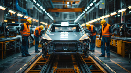 Automobile factory with workers assembling a car on a production line, showcasing industrial manufacturing and teamwork.