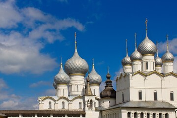 Rostov, Russia, July 15, 2020. Domes of the city Kremlin cathedrals.