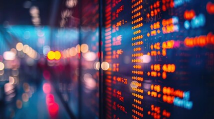Illuminated digital departure board in an airport terminal displaying flight details and information such as destination gate arrival and departure times