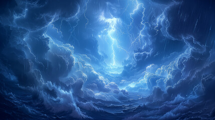 Dramatic storm clouds with intense lightning bolts and rain forming a vortex over a turbulent ocean. Concept of nature's powerful forces and climate change.