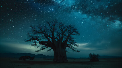 African Baobab tree with a starlit Milky Way night sky